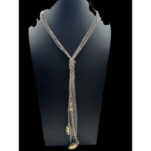 Silver Multi-Layer Chain Necklace With Dangling Citrine Gem Accents & Lobster Cl